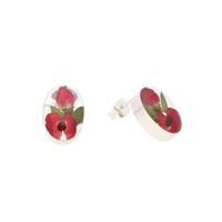 Floral Earrings Red Oval Stud Silver Small