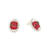 floral earrings red petals oval stud silver small