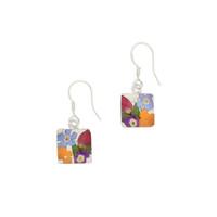 floral earrings mixed colours square drop silver small