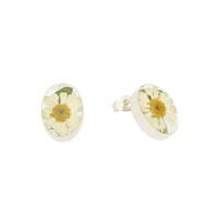 Floral Earrings Yellow & White Oval Stud Silver Small