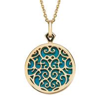 Flore 9ct Yellow Gold Turquoise Filigree Round Pendant Necklace