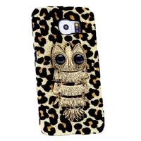 For Galaxy S6 PC Phone Protect Case Luxury Glitter Leopard Print with Special Metal Owl Pattern Design