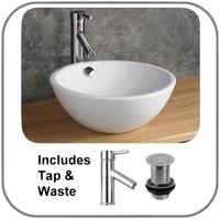 foligno 39cm circular round countertop wash basin tall tap and waste s ...