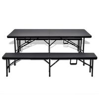 Foldable Garden Table Set 2 Benches HDPE Black Imitation Rattan 180cm