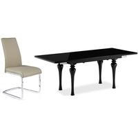Fountain Black High Gloss Extending Dining Set with 6 Avante Latte Faux Leather Chairs