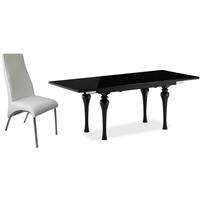 Fountain Black High Gloss Extending Dining Set with 6 Eton White Faux Leather Chairs