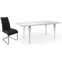 Fountain White High Gloss Extending Dining Set with 6 Avante Black Faux Leather Chairs