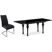 Fountain Black High Gloss Extending Dining Set with 6 Avante Black Faux Leather Chairs