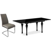 Fountain Black High Gloss Extending Dining Set with 6 Avante Grey Faux Leather Chairs