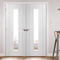 Forli White Flush Door Pair with Clear Safe Glass - Aluminium Inlay - Prefinished