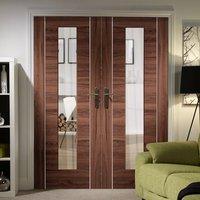 Forli Walnut Flush Door Pair with Clear Safe Glass - Aluminium Inlay - Prefinished