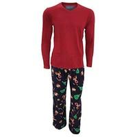 Foxbury Mens Plain Long Sleeve Top & Christmas Patterned Fleece Bottoms Pyjamas/Nightwear Set (Medium) (Off Blue/Red)