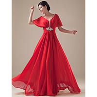 Formal Evening Dress A-line V-neck Floor-length Chiffon / Satin with Beading