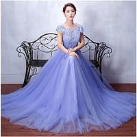 formal evening dress a line scoop sweep brush train tulle stretch sati ...