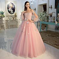 Formal Evening Dress Ball Gown Off-the-shoulder Floor-length Lace / Tulle with Flower(s) / Lace / Side Draping