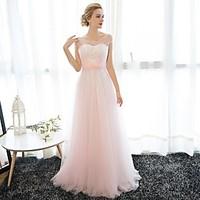 Formal Evening Dress Sheath / Column Scoop Floor-length Chiffon / Tulle with Crystal Detailing