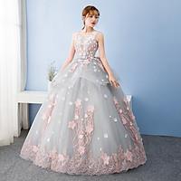 Formal Evening Dress - Floral Ball Gown Jewel Floor-length Tulle with Bow(s)
