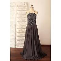 Formal Evening Dress A-line Spaghetti Straps Sweep / Brush Train Chiffon with Beading