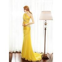 Formal Evening Dress Sheath / Column One Shoulder Sweep / Brush Train Chiffon with Beading / Side Draping