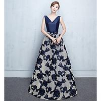 Formal Evening Dress - Pattern Dress A-line V-neck Floor-length Lace Jersey with Flower(s) Sash / Ribbon
