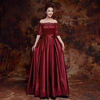 Formal Evening Dress - Open Back A-line Bateau Floor-length Satin with Lace