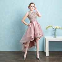 Formal Evening Dress Ball Gown Jewel Asymmetrical Satin / Tulle with Beading / Bow(s) / Sash / Ribbon / Sequins