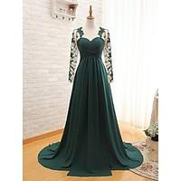 Formal Evening Dress A-line Sweetheart Sweep / Brush Train Chiffon with Appliques / Pleats