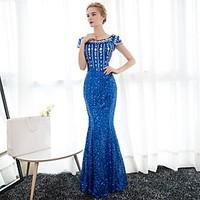 Formal Evening Dress Trumpet / Mermaid Scoop Floor-length Satin / Sequined with Crystal Detailing