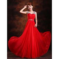 Formal Evening Dress A-line / Princess Scoop Sweep / Brush Train Silk with Beading / Crystal Detailing / Draping / Sash / Ribbon / Sequins