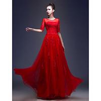 Formal Evening Dress A-line / Princess Jewel Floor-length Tulle with Appliques / Beading / Sequins