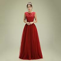Formal Evening Dress A-line Jewel Floor-length Tulle with Appliques / Beading