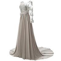 Formal Evening Dress A-line Scoop Court Train Chiffon / Lace with Appliques / Beading / Draping / Lace / Sash / Ribbon