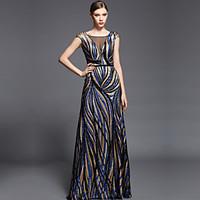 Formal Evening Dress Sheath / Column V-neck Floor-length Charmeuse / Sequined with Beading / Sash / Ribbon / Sequins