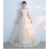 Formal Evening Dress A-line Off-the-shoulder Floor-length Lace Tulle with Lace