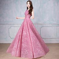 Formal Evening Dress A-line Scoop Floor-length Tulle with Beading / Ruffles / Sequins