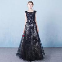 Formal Evening Dress A-line Jewel Floor-length Tulle with Appliques