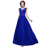 Formal Evening Dress - Elegant A-line V-neck Floor-length Stretch Satin with Pearl Detailing