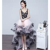 Formal Evening Dress Ball Gown V-neck Asymmetrical Lace / Tulle with Beading / Lace