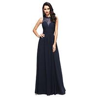 Formal Evening Dress - See Through A-line Jewel Floor-length Chiffon Lace with Appliques Side Draping