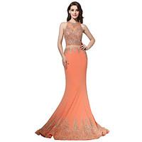 Formal Evening Dress - See Through Trumpet / Mermaid Jewel Sweep / Brush Train Polyester with Appliques Pick Up Skirt