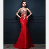 Formal Evening Dress - See Through Trumpet / Mermaid V-neck Sweep / Brush Train Tulle with Appliques Crystal Detailing