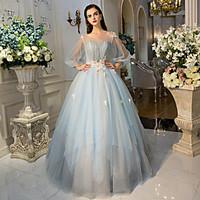 Formal Evening Dress - Floral Ball Gown Jewel Floor-length Tulle with Crystal Detailing Flower(s) Lace Side Draping