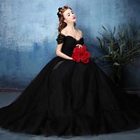 Formal Evening / Black Tie Gala Dress A-line Off-the-shoulder Floor-length Tulle / Charmeuse with Sash / Ribbon / Side Draping