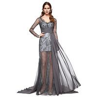 Formal Evening Dress - Celebrity Style A-line V-neck Sweep / Brush Train Chiffon with Lace Pleats