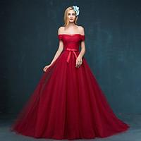 Formal Evening Dress - Elegant A-line Off-the-shoulder Sweep / Brush Train Tulle with Side Draping