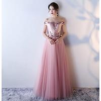 Formal Evening Dress A-line Bateau Floor-length Tulle with Appliques