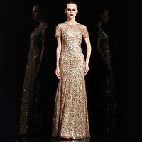 Formal Evening Dress - Celebrity Style Trumpet / Mermaid Jewel Floor-length Charmeuse Sequined with Sequins