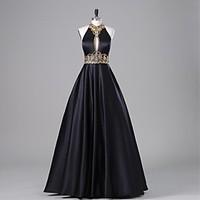 Formal Evening Dress - Open Back A-line Halter Floor-length Satin with Beading