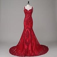 Formal Evening Dress Trumpet / Mermaid Jewel Court Train Satin / Tulle with Appliques