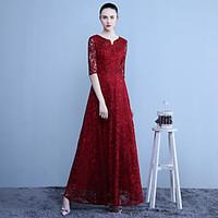 Formal Evening Dress A-line Notched Floor-length Lace with Appliques